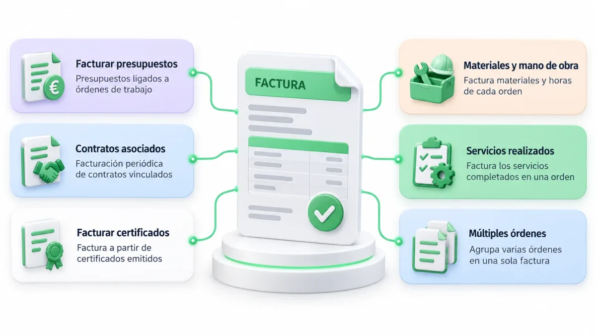 Formas de facturar una orden de trabajo en treyGMAO: presupuestos, contratos, certificados, materiales y mano de obra, servicios y varias órdenes