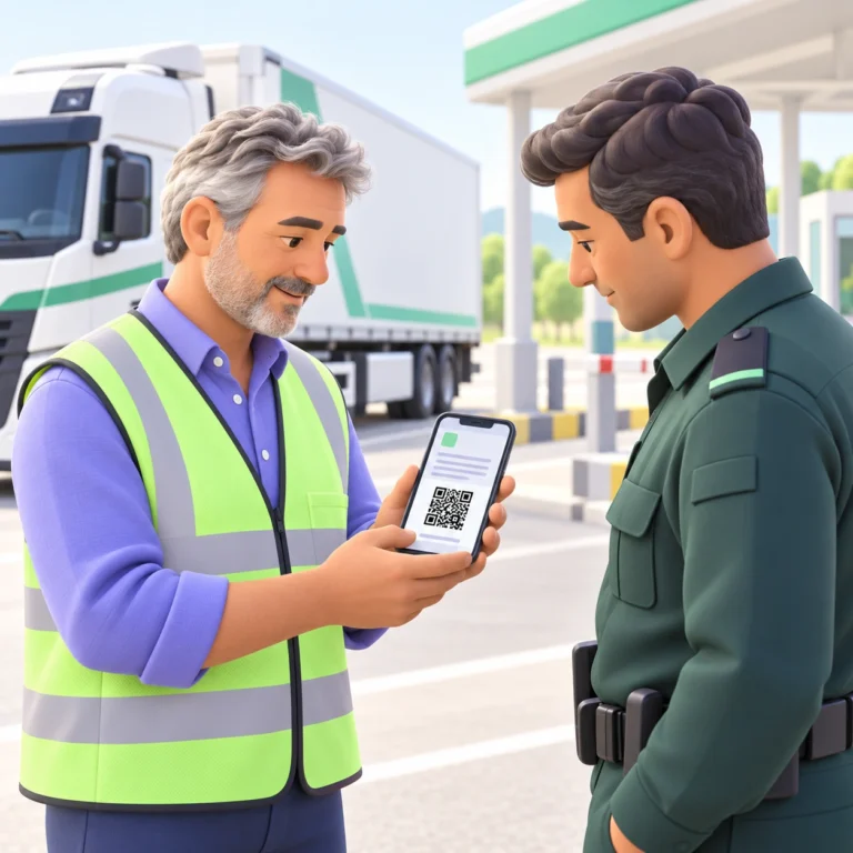 Conductor de camión mostrando el código QR del DeCA en el móvil a un agente durante una inspección