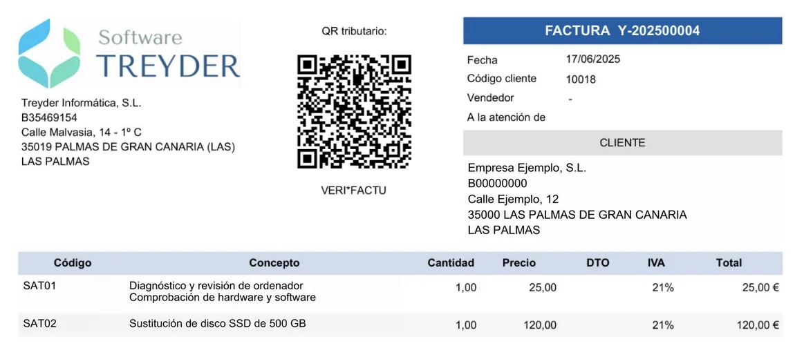 Factura de servicio técnico con el código QR de VERI*FACTU generada con el programa de Treyder