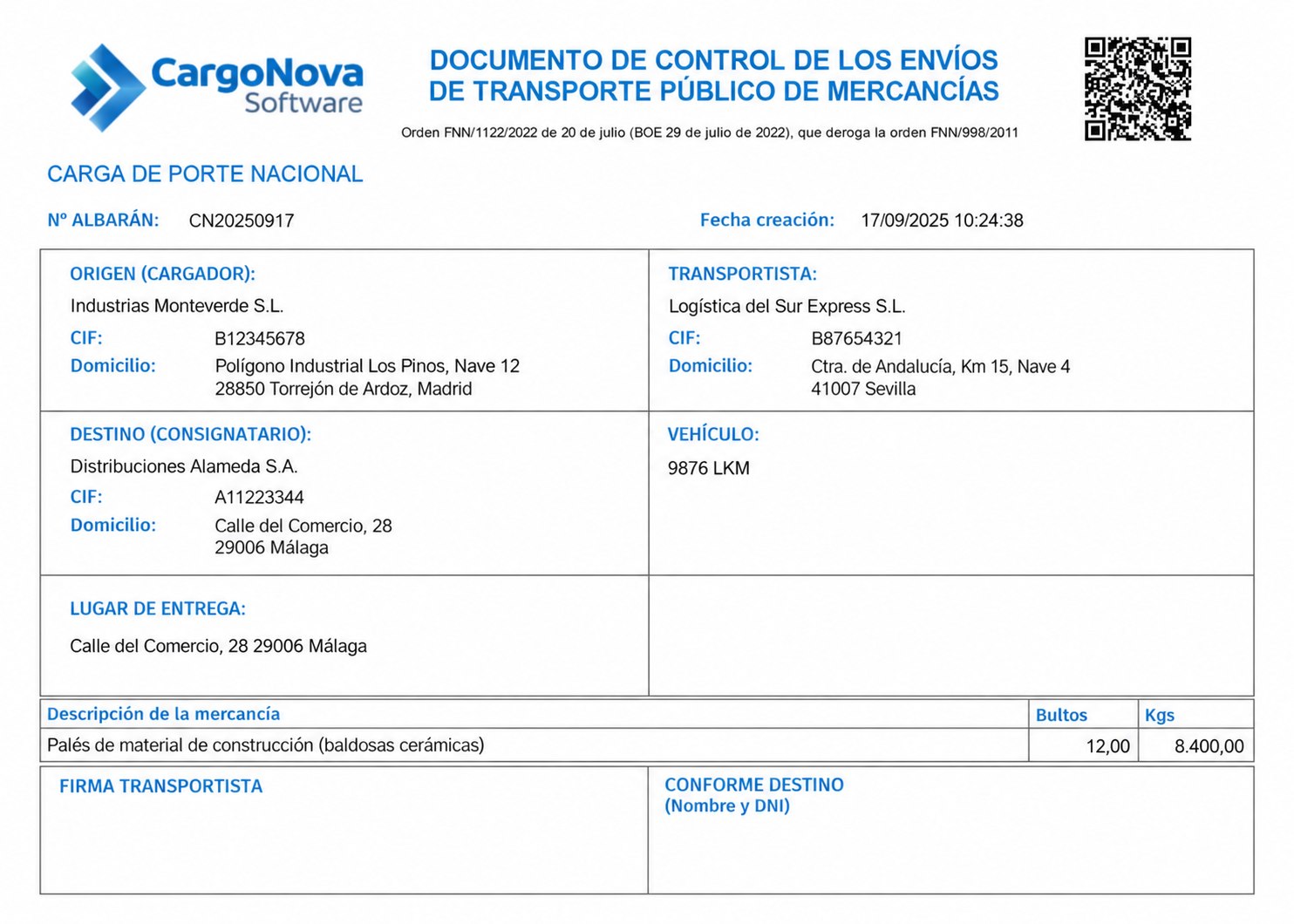 Ejemplo de Carta de portes DeCA con datos de origen, destino, transportista, mercancía y código QR