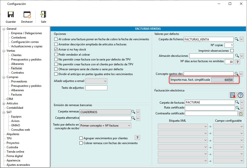 Configuración del importe máximo de una factura simplificada