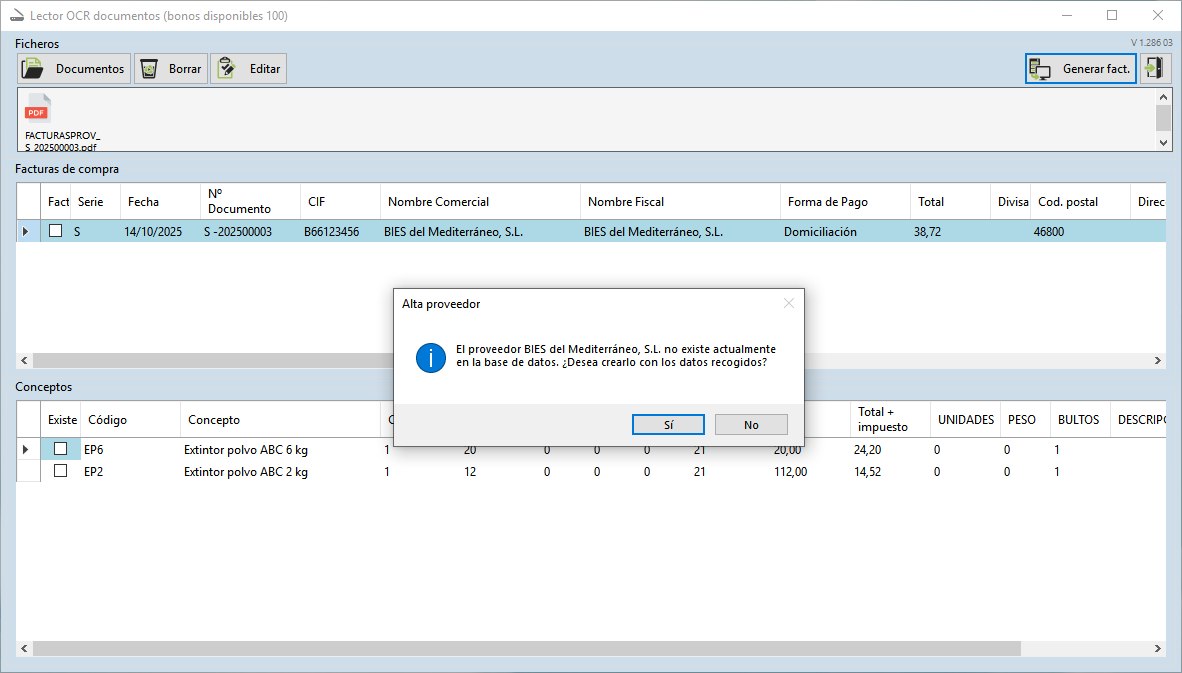 Aviso del OCR para crear un proveedor que no existe en la base de datos